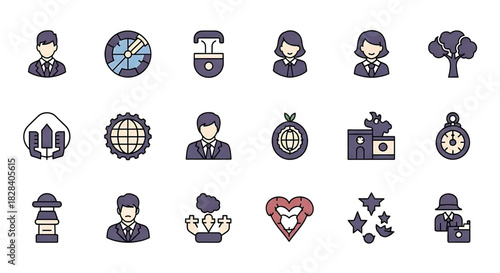 Solid vector icons collection featuring templates, layouts, flowcharts, diagrams, forms, wireframes, tables, grids, onboarding, IT support, communication, business structure, budget, and advertising.