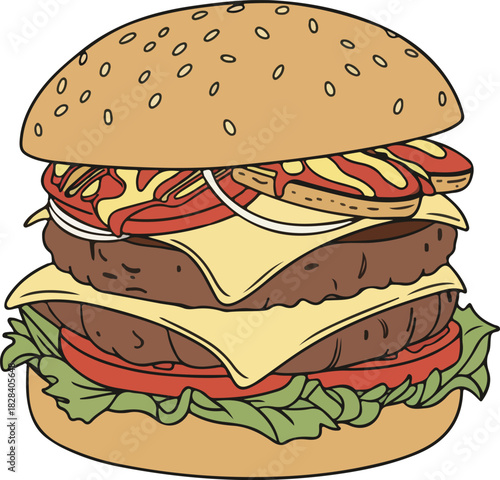 Illustration of a double cheeseburger with lettuce, tomato, onion, cheese, meat, and mustard on a sesame seed bun isolated on