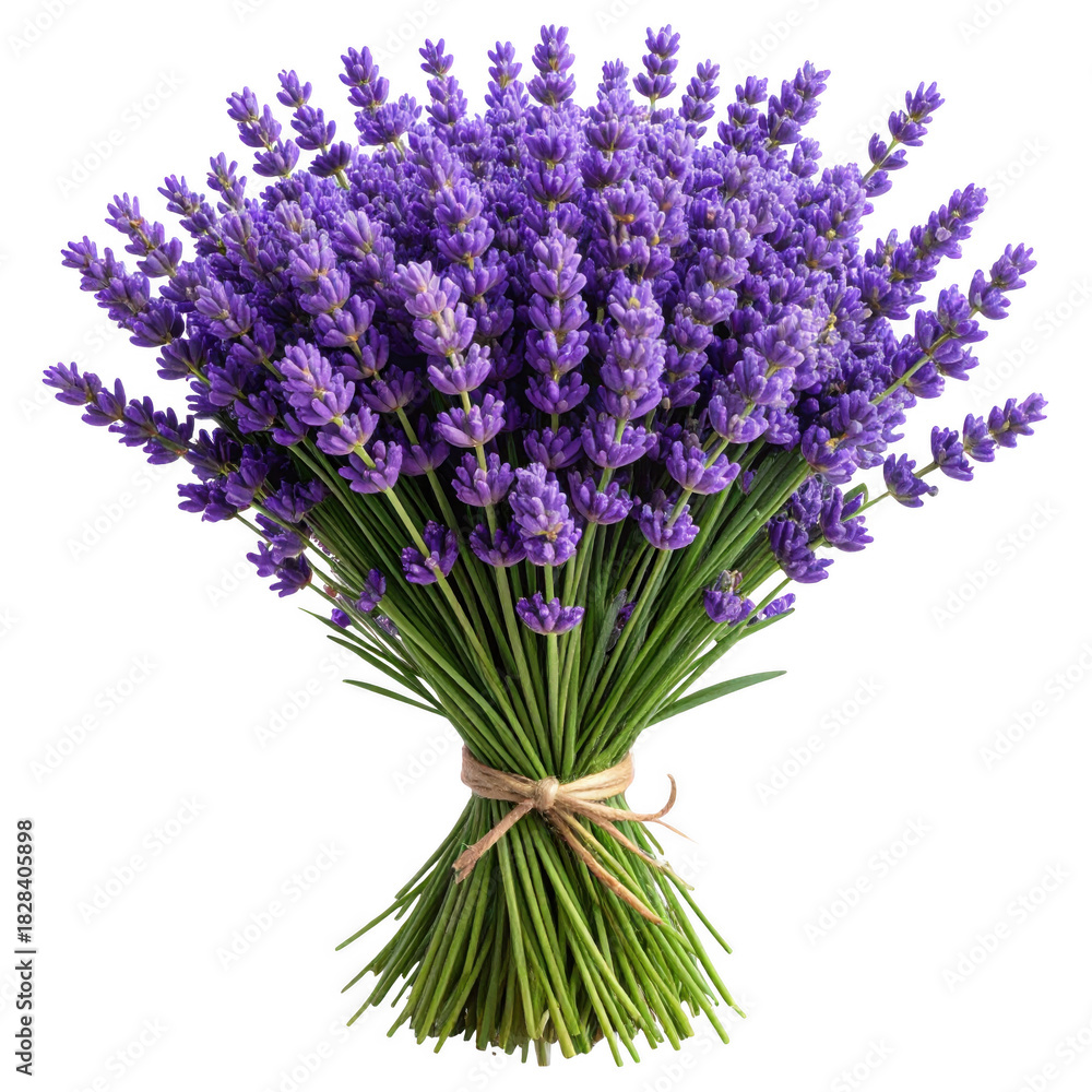 Fototapeta premium Fresh aromatic purple lavender flower stems are gathered and tied, creating a natural bouquet isolated on a transparent png background.