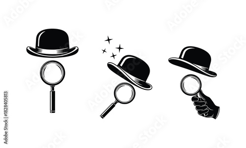 Detective investigation with bowler hat and magnifying glass symbol