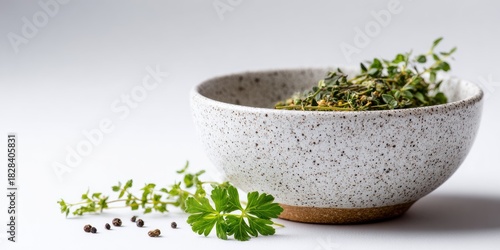 Fototapeta Naklejka Na Ścianę i Meble -  Herb and spice blending event kitchen counter photography minimalist close-up capturing the essence of fresh herbs and spices