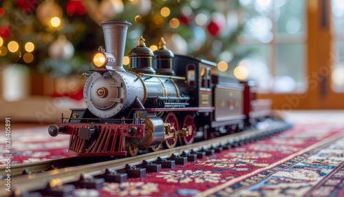 Vintage model steam train on a rug with Christmas tree bokeh lights