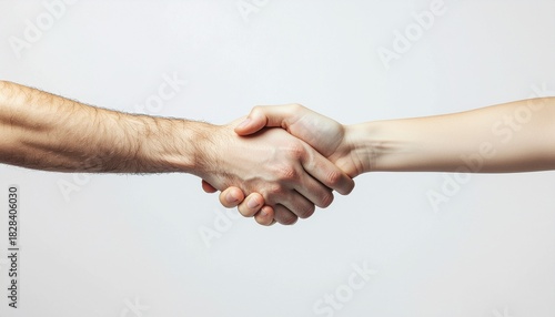 Handshake between a man and a woman on a plain white background.