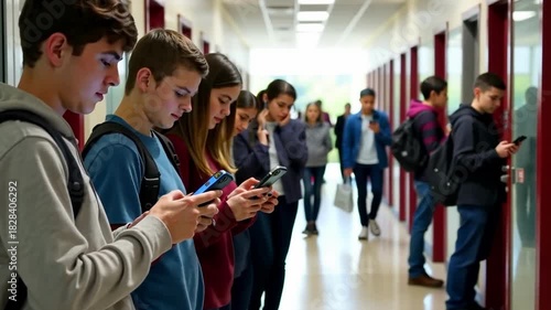 Students engaged with smartphones in a busy school hallway during day hours