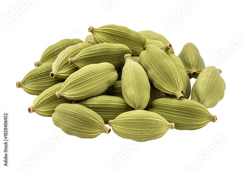 Pile of Whole Green Cardamom Pods Isolated on a White Background – High-Resolution Spice Photography
