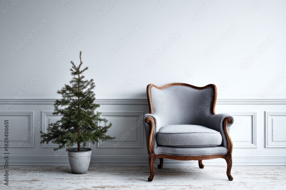 Fototapeta premium Simple interior with a potted evergreen tree and antique armchair.