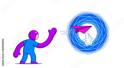 Rapid Digital Delivery and Communication Launch Concept. Cartoon Character Sending Paper Plane Through Futuristic Vortex Portal.