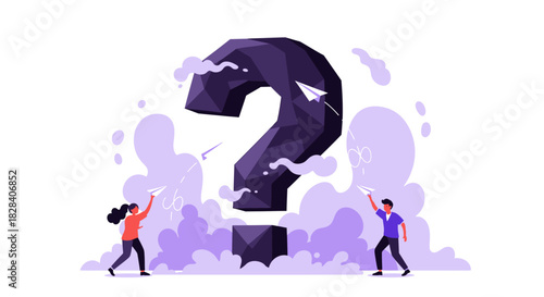 Abstract Problem Solving Concept: People Throwing Paper Airplanes at a Giant Geometric Question Mark, Symbolizing Uncertainty and Seeking Answers.