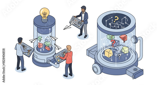 Isometric Illustration of Idea Generation and Problem Solving Workflow. Developers Managing the Innovation Process Machine.