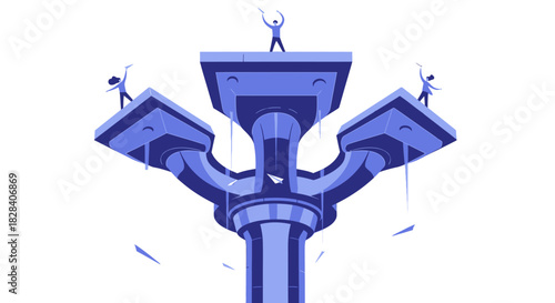 Multi-Directional Strategy and Idea Launch. People on platforms sending paper planes symbolizing business direction, planning, and multiple pathways.