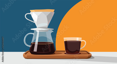 Modern pour-over coffee brewing set with a ceramic dripper, glass server, and a mug on a wooden tray against a colorful background.