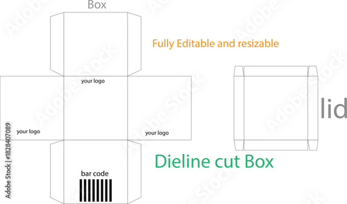 Dieline template for a rectangular box with lid fully editable