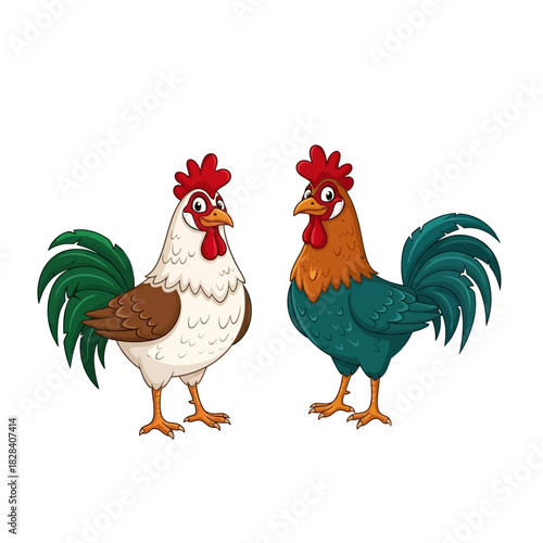 Two happy cartoon roosters vector illustration