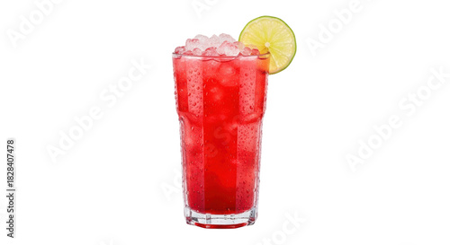 Refreshing red cocktail with ice and lime isolated PNG, summer drink for party and bar menu on transparent background