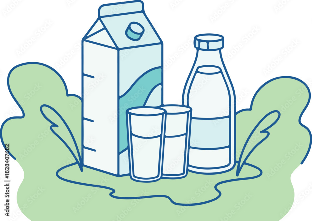 Fototapeta premium A carton of milk, a bottle, and two glasses of milk are arranged on a green surface, creating a fresh and healthy dairy product scene