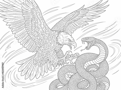 Dramatic Eagle Attacking Snake Vector Line Art Illustration Scene Design