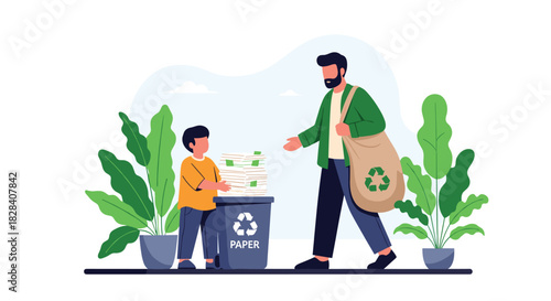 Father and son sorting waste for recycling, putting paper into a designated bin to teach about environmental responsibility.