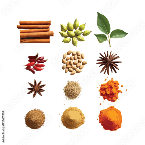 Colorful mixed whole and ground spices top view culinary ingredients