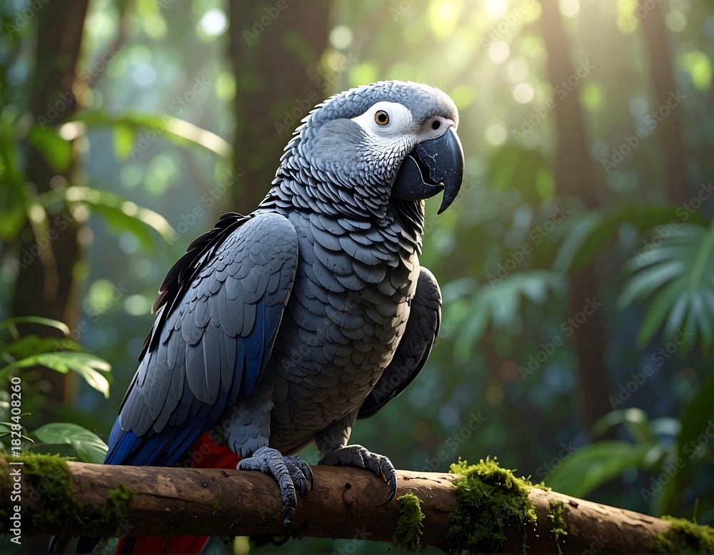 Obraz premium A majestic grey parrot perched on a mossy branch in a sunlit rainforest