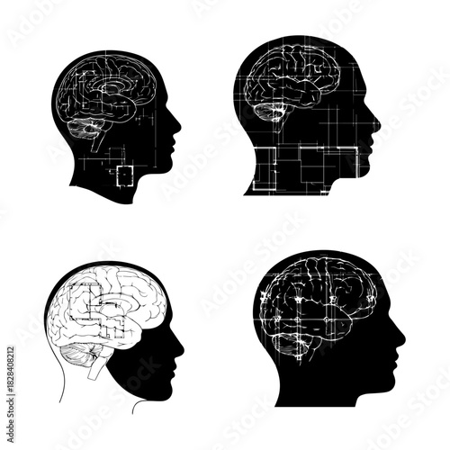 A silhouette of a human head or brain with subtle, intricate architectural blueprint lines overlaid or subtly integrated within its form