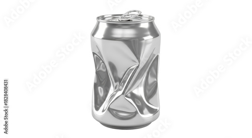 Crushed silver aluminum can isolated PNG, damaged metal container for recycling and environmental awareness concepts
