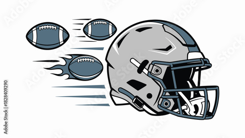 Cartoon Football Helmet with Motion Lines, Flying Balls, and Flames for Super Bowl Imagery