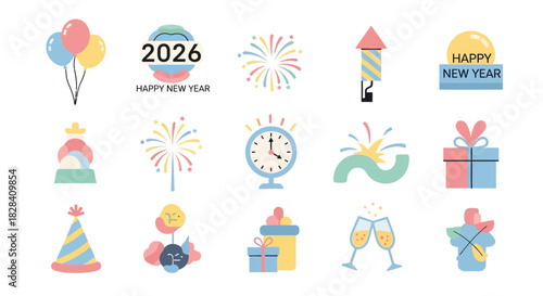 Playful Pastel 2026 New Year Symbol Icons on White Background