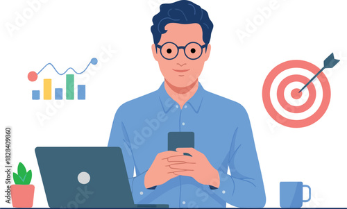 Focused Professional A composed professional, wearing glasses, utilizes his mobile device at a desk, surrounded by business charts and a target.