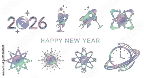 Futuristic Flat Style 2026 New Year Icons on White Canvas