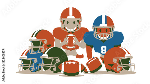 Cartoon Football Players with Helmets and Footballs, Celebrating Super Bowl Sunday Together