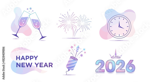 Soft Gradient Flat 2026 New Year Icons on White Background