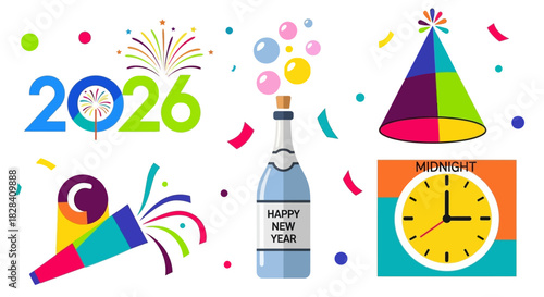 Color-Blocked Modern 2026 New Year Icon Set on White