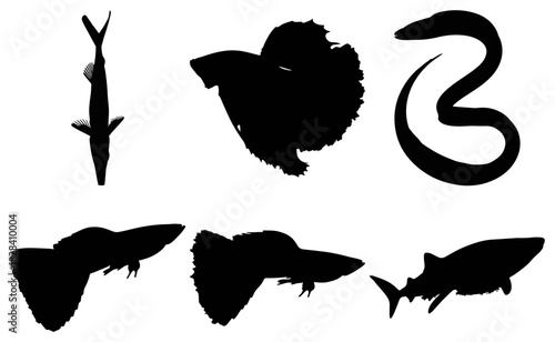 Aquatic animal silhouettes collection, isolated on