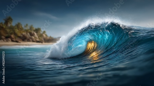 Fototapeta Naklejka Na Ścianę i Meble -  Ocean wave curling into a shape resembling an eye, catching sunlight in a natural lens-like sparkle.