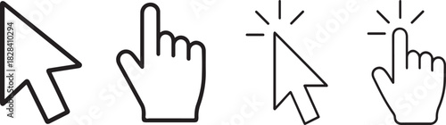 Silhouette hand cursor and arrow cursor icons in bold minimal style on a clean white background.