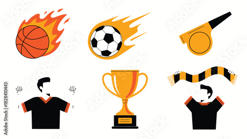 Cartoon Illustration of a Burning Basketball and Soccer Ball Plus Sports Elements