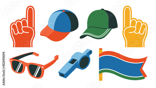 Cartoon Illustration of Football Fan Gear Featuring Foam Fingers, Hats, Sunglasses, and Flag