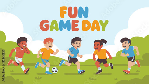 Cartoon Illustration of Kids Playing Soccer Outside Under Fun Game Day Colorful Text Banner