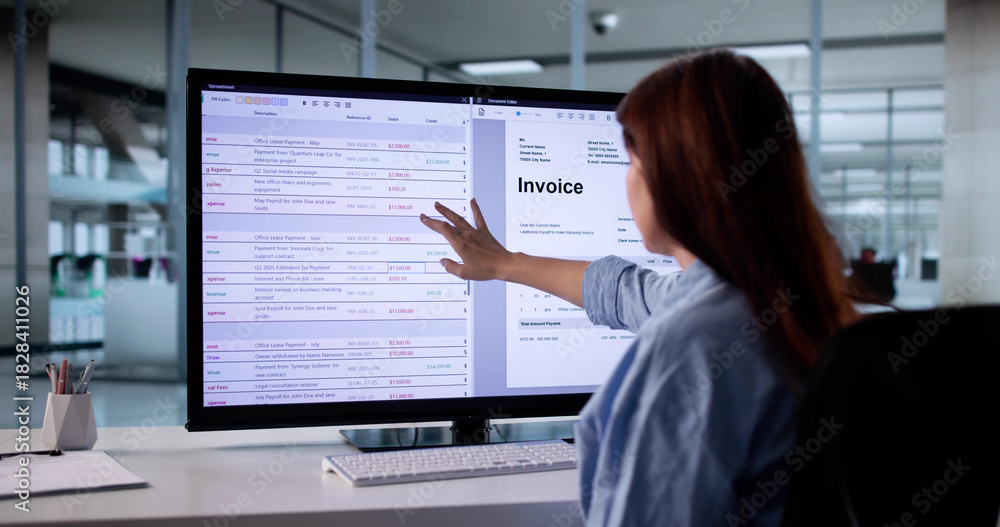 Naklejka premium Professional Accountant: Woman Managing Invoices