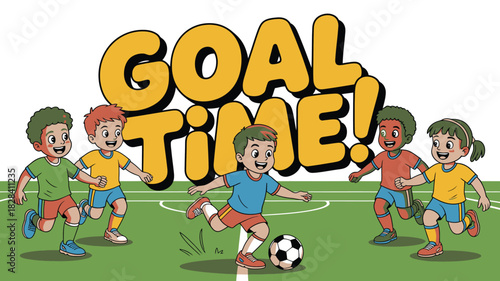 Cartoon of Diverse Children Playing Soccer with a Goal Time! on a Green Field