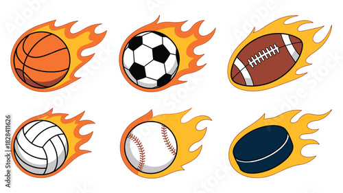 Cartoon Sports Balls Surrounded by Flames Basketball, Soccer Ball, Football, Volleyball, Baseball, and Puck