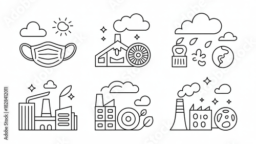 Set of environmental pollution icons showing air pollution water pollution and protection simple line vector design for infographic and presentation