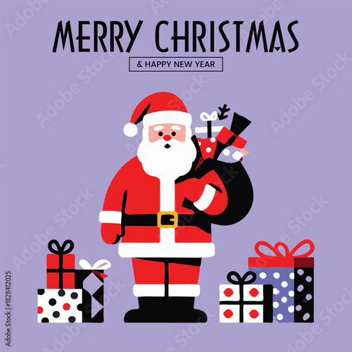 Santa Claus with Large Sack and Patterned Gifts, Merry Christmas and Happy New Year Vector Illustration Design Template, Modern Style