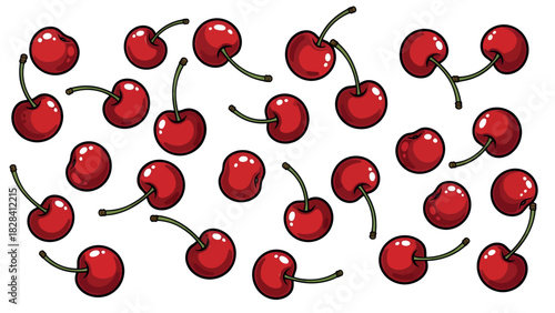 Vibrant red cherries with green stems scattered on white background