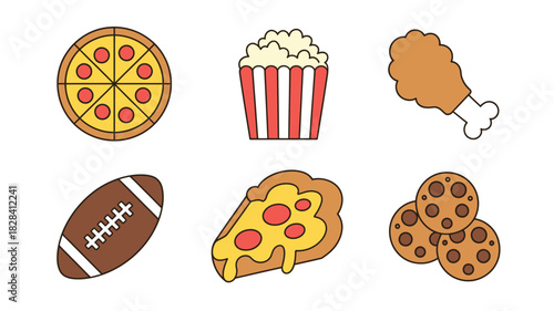 Cartoon Super Bowl Sunday Food Pizza, Chicken, Popcorn, Cookies, and Football Illustration