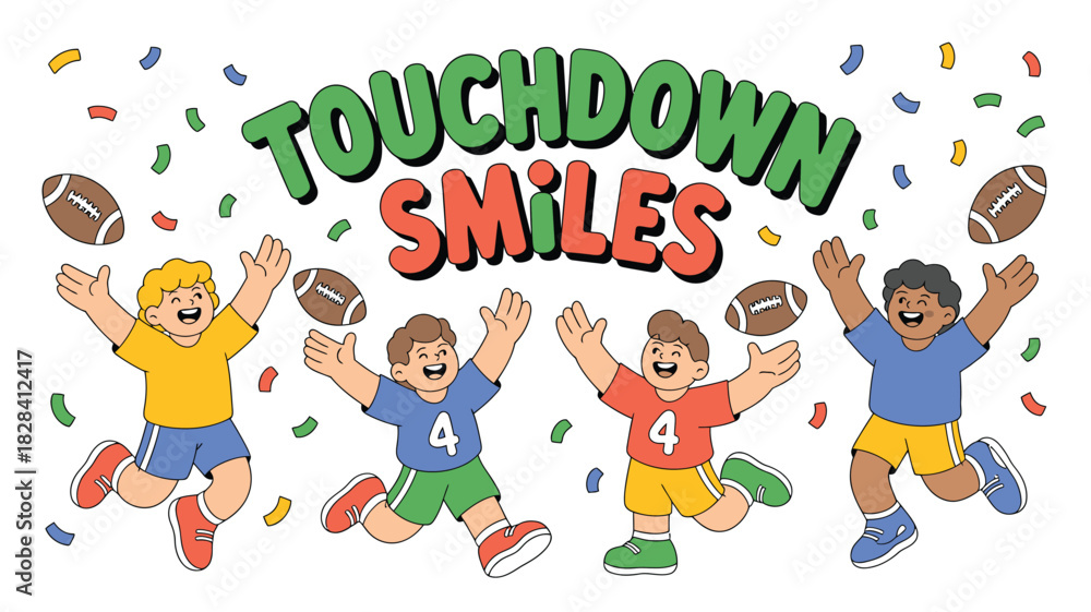 Fototapeta premium Celebratory Football Cartoon Boys Jumping with Joy, Confetti Falling, and Touchdown Smiles Text Above