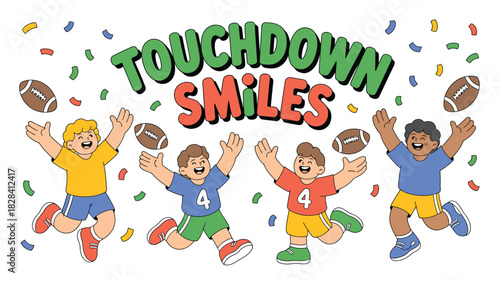 Celebratory Football Cartoon Boys Jumping with Joy, Confetti Falling, and Touchdown Smiles Text Above