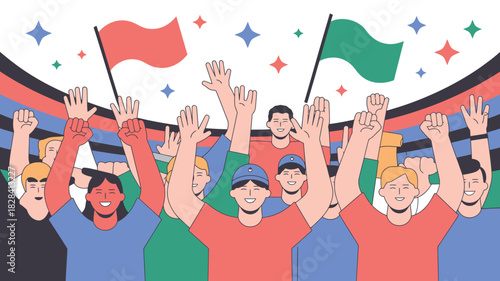 Cheering Crowd Illustration Waving Flags with Raised Arms and Festive Stars in the Background