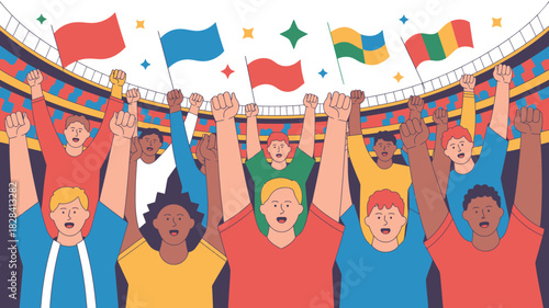 Cheering Crowd Illustration with Diverse Fans, Raised Fists, Flags, and Festive Stadium Decorations
