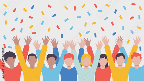 Cheering Crowd with Raised Hands and Confetti for Celebration or Sporting Event, Fun Times